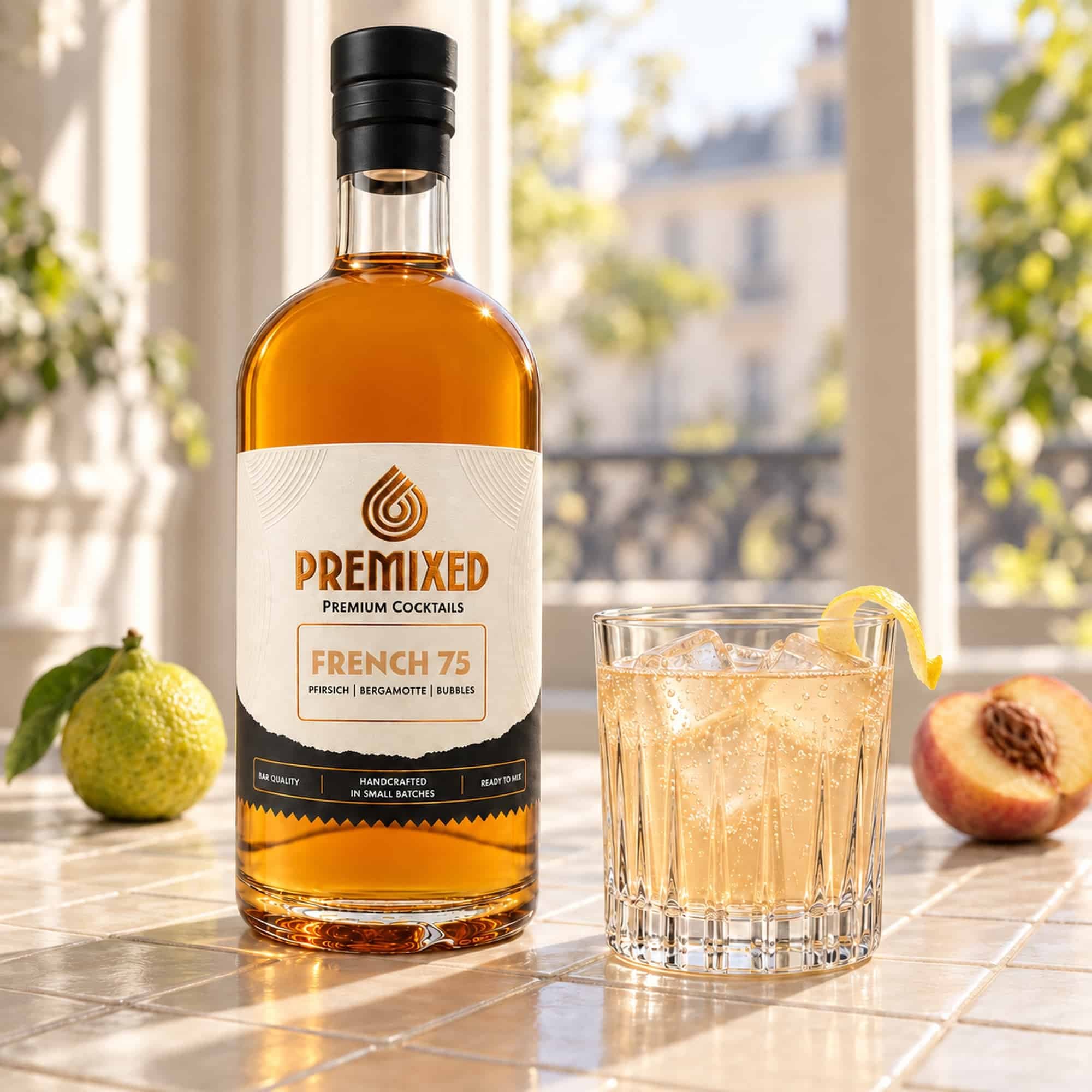 PREMIXED French 75: Premix-Flasche und fertig gemixter Cocktail