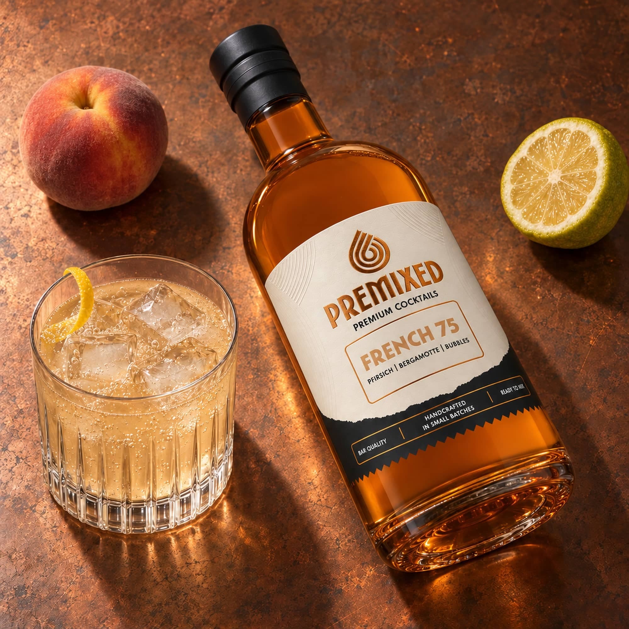 French-75-Premix mit Cocktail, Pfirsich und Zitrone