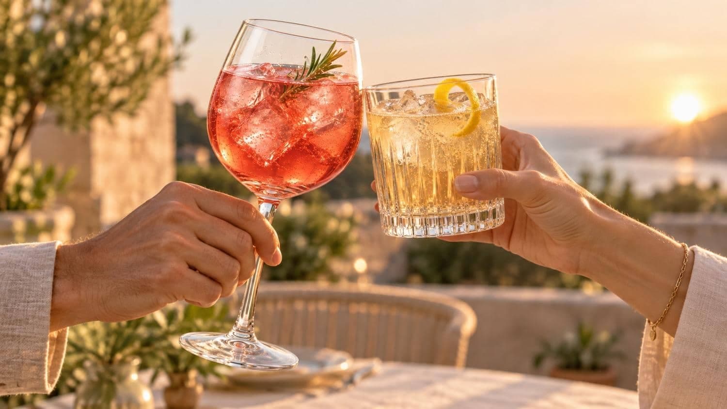 Zwei Hände stoßen mit Garden Spritz und French 75 an