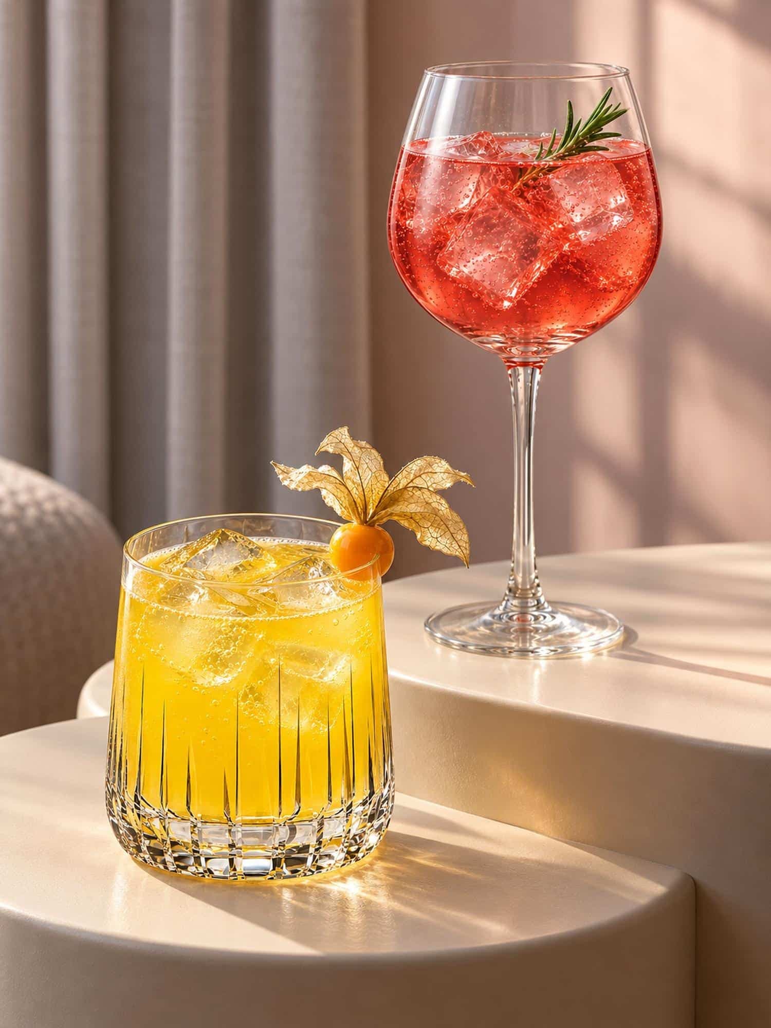 Garden Spritz und P*rnstar Martini auf einem Tisch im Sonnenlicht