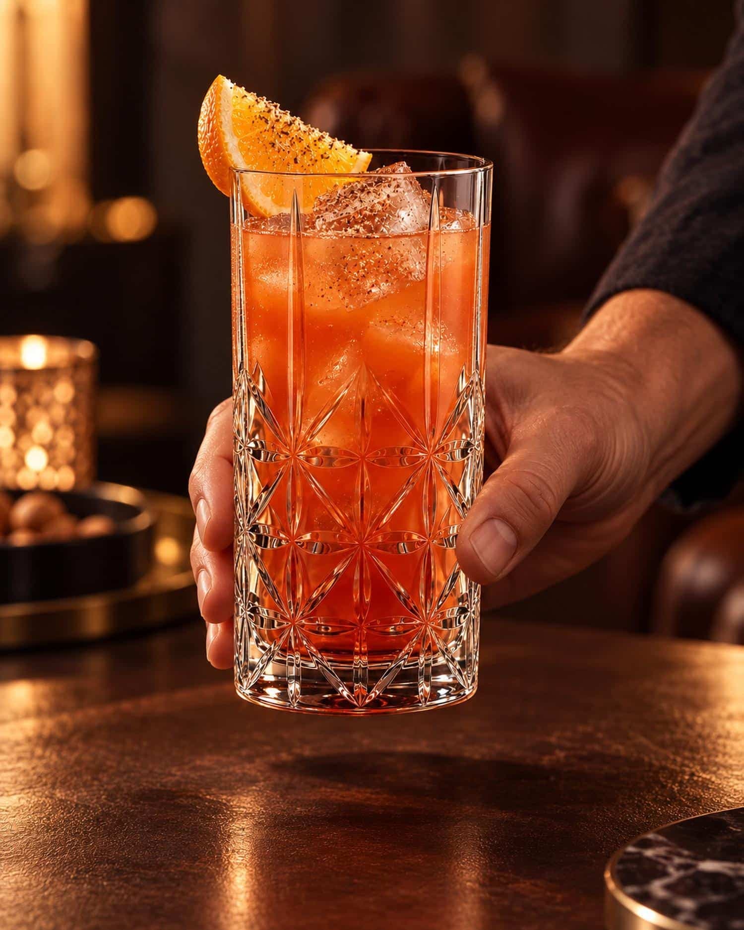 Ein Hurricane mit Orangengarnitur wird an der Bar serviert