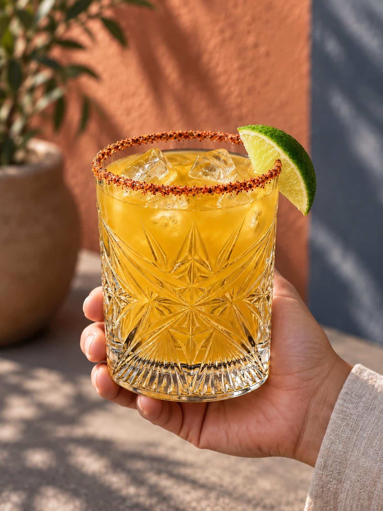 Eine Hand hält eine Spicy Mangorita mit Gewürzrand und Limette